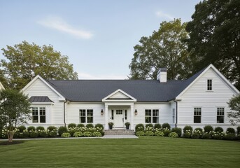 Modern white house with gray roof and green lawn in suburban neighborhood with trees