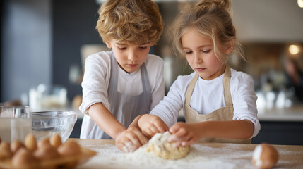 Faceless children baking fun, joyful kids in kitchen, culinary education, cooking activity, family bonding, defocused interior, with copy space