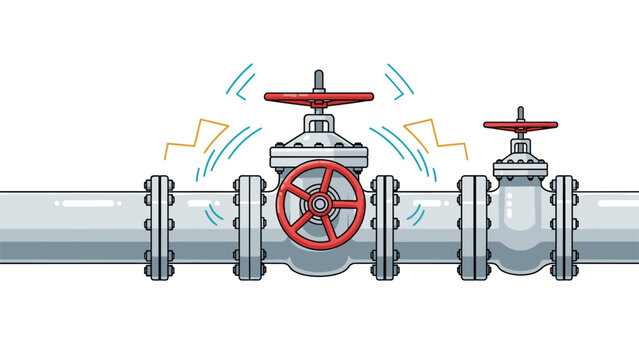 Large industrial metal pipes with red valves vibrating or leaking indicating high pressure or system failure against white background.