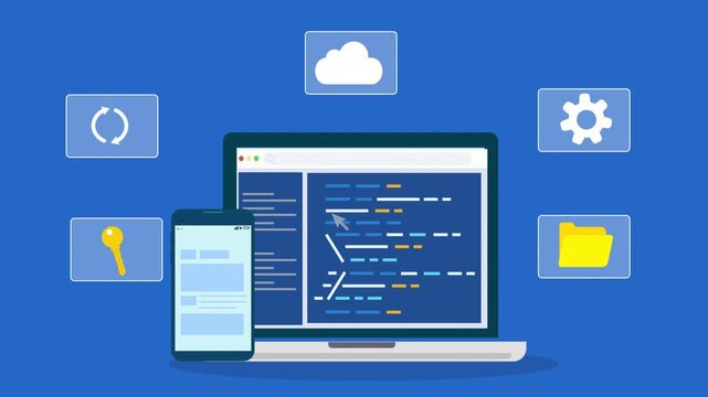 Flat illustration of software development workspace with laptop code editor, mobile interface, and cloud system icons representing programming, storage, and online technology.
