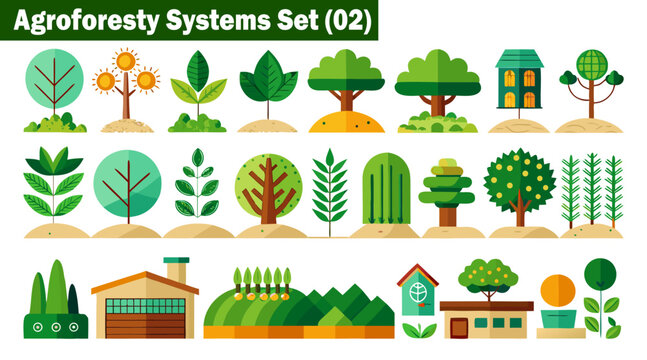 Sustainable agriculture graphics including fruit trees and farmhouse icons for agroforestry system design planning on grid background for environmental conservation projects vector illustration.