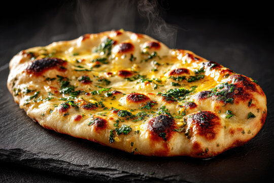 Hyper-realistic macro shot of fresh Garlic Butter Naan with melting butter