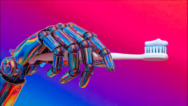 Main de robot tenant une brosse a dent avec du dentifrice