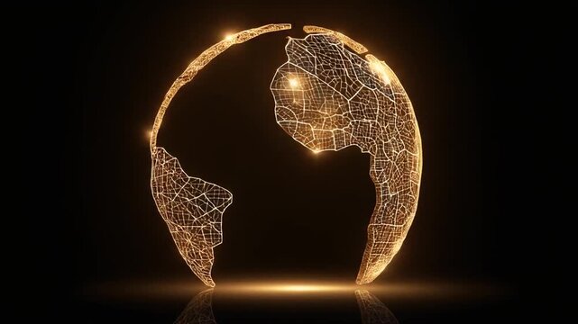 Glowing globe fragment in a gold network design, with continents on a dark reflective surface