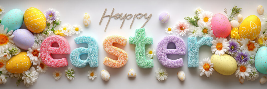 Colorful eggs and flowers framing happy easter text greeting card. Glittering happy easter text surrounded by vibrant eggs and fresh spring flowers on a white background