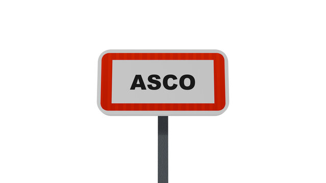 Asco sign entrance, Asco town entry road.