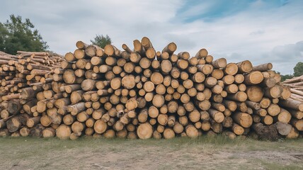 A towering stack of freshly cut logs in a natural setting, ready for processing.