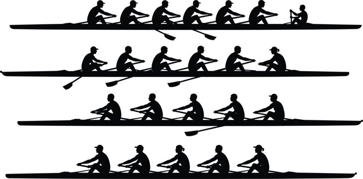 Set of 4 rowing team silhouette icons showing crew variations with eight, four, and two rowers plus coxswain arrangements