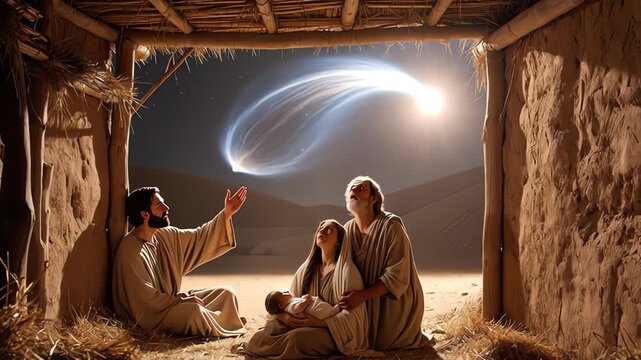 Holy family witnessing celestial event.