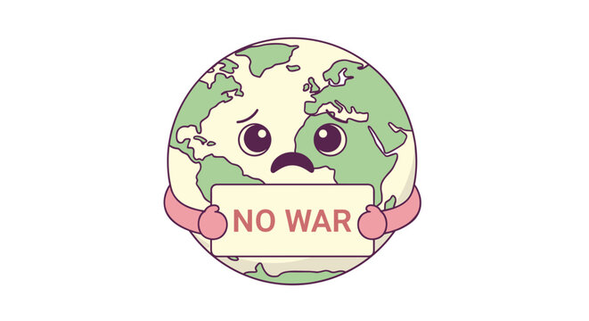 Sad earth planet character holding a 'no war' sign with a pleading expression symbolizing peace and global harmony digital