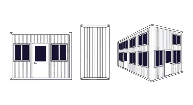 Modular portable office building construction blueprint line art showing front side and isometric views of a temporary structure