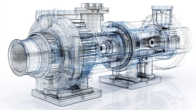 3D model of a water pump showing detailed design and structure in transparent view for engineering analysis and study