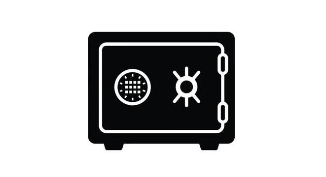 Simple black and white icon of a closed safe with a dial lock