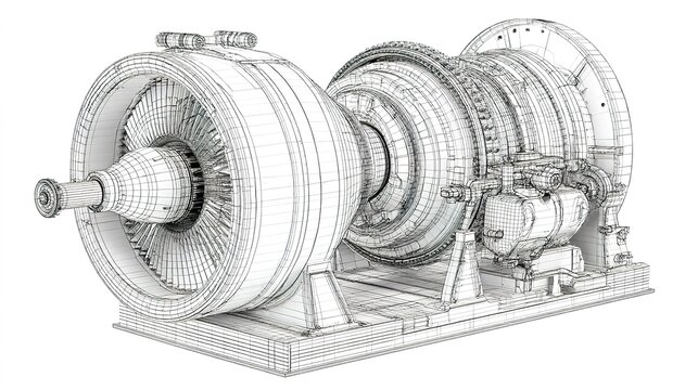 Detailed view of a large gas turbine model used in energy production on a flat surface