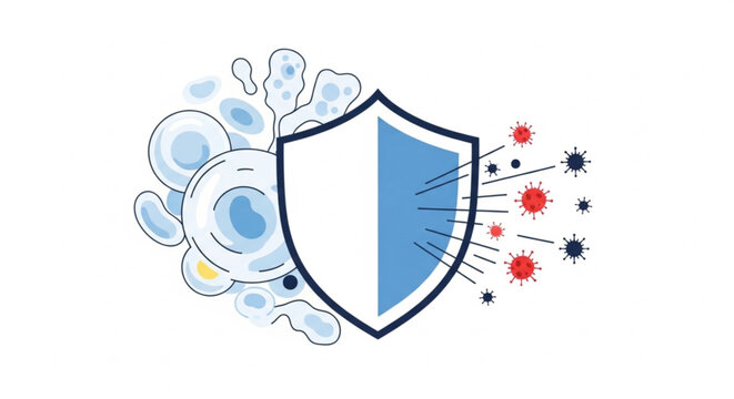 Shield protecting healthy cells from viruses and bacteria, illustrating robust immune system defense, health, and disease prevention