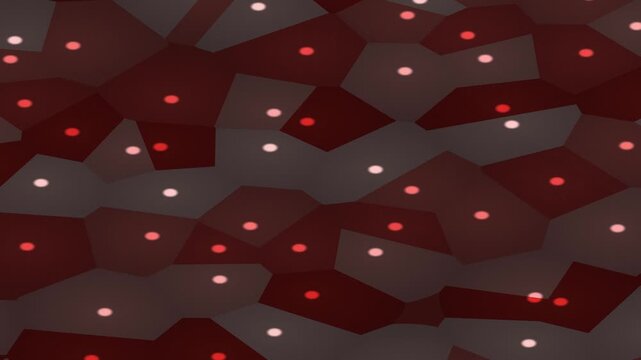 Abstract tessellation with geometric shapes and scattered luminous dots in red and grey tones