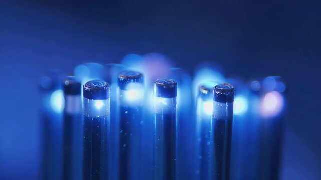 Macro shot of optical fiber cable tips emitting bright blue light with a bokeh background.