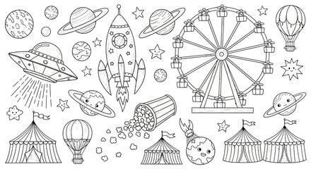 Whimsical space and carnival themed doodle set in black and white © Hridoy
