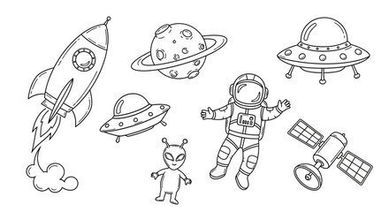 A whimsical collection of space objects rockets planets aliens and ufos © Hridoy