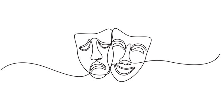 World theater day banner design, with character mask sketch, continuous one line drawing, vector illustration. one line Icon drawing, Greek mask continuous one line drawing, opera event symbols