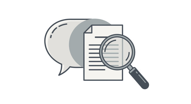 Reviewing documents with a speech bubble and magnifying glass illustration