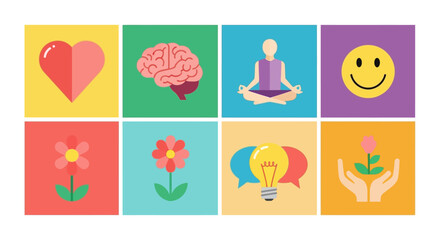 Colorful icons representing love intelligence meditation happiness and growth