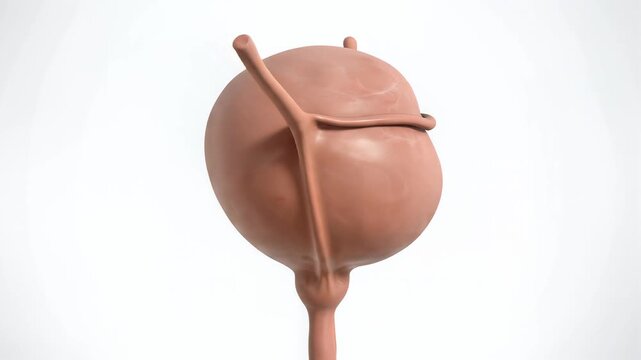Cinematic 3D animation of a human bladder featuring realistic anatomical details, rotating slowly against a clean white background, showcasing internal structures and tubes