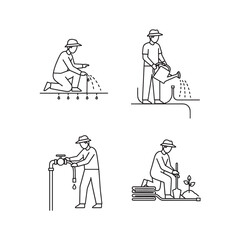 Vector line art illustrations of people watering and drilling for irrigation and gardening isolated on transparent background