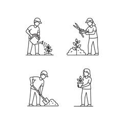Vector illustration of people gardening with line art style, isolated on transparent background