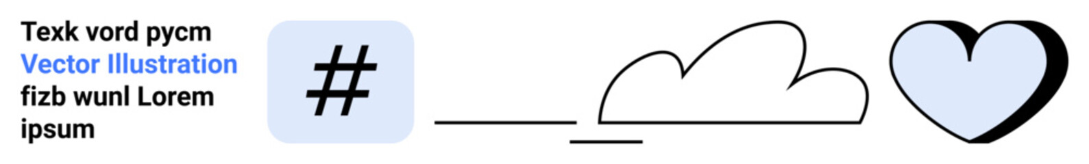 Fototapeta premium metadata tag, cloud, and heart outlined in black with soft blue fill accents and text placeholder. Ideal for branding, communication, web design, social media, simplicity, creativity simple landing