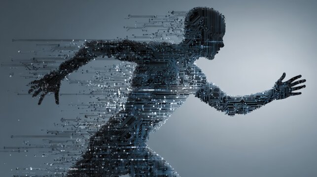 Digital Transformation: A conceptual illustration depicting a person in motion, morphing into a matrix of data, symbolizing the rapid evolution of technology and the impact of digital transformation.