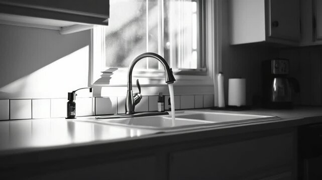 Black and white of a sunlit kitchen sink with a modern faucet