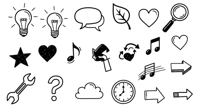 Collection of hand drawn doodle icons including lightbulbs hearts and musical notes