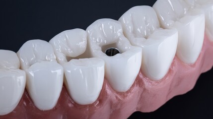 Perfect Top View of a Zirconia Crown With Screw Access Hole on a Dental Model in a Professional Setting