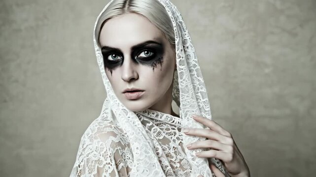 A haunting portrait of a woman with dramatic makeup and lace veil.