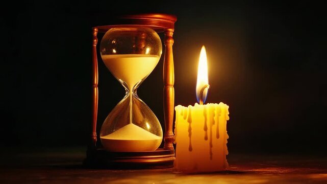 The captures a poignant moment of time with an hourglass and a single lit candle on a dark table.