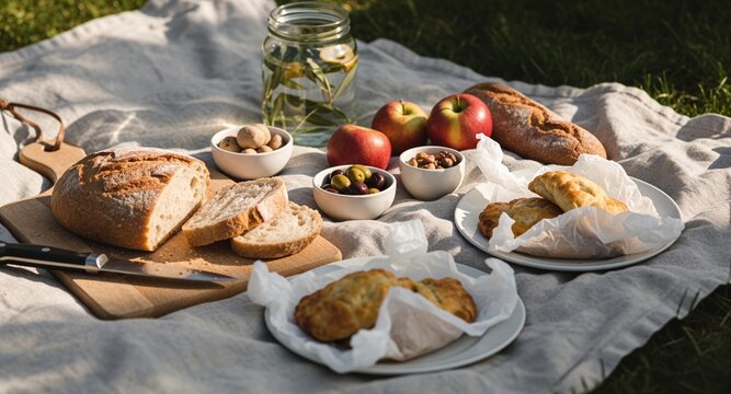 Outdoor picnic with fresh bread, fruit and snacks on blanket
