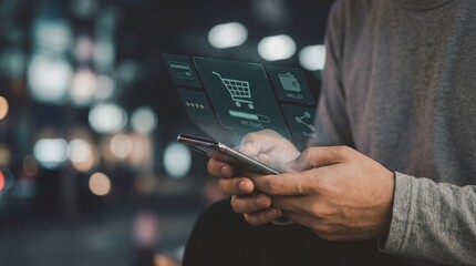 Man holding smartphone with online shopping graphics floating above screen in evening city lights © Maher