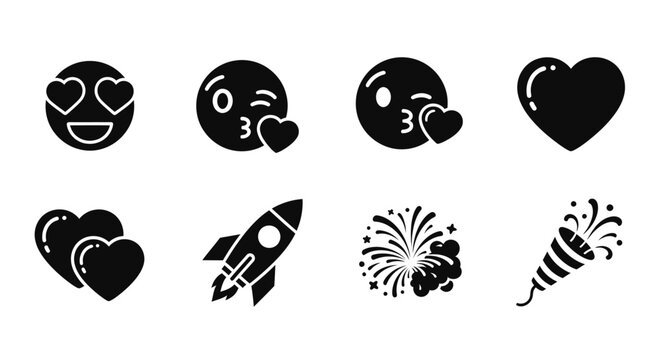Collection of black silhouette icons emoticons hearts a rocket and fireworks