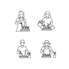 Vector illustration of people gardening and planting in a simple line art style isolated on transparent background