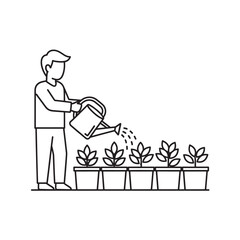 Man watering plants in pots with a watering can, isolated on transparent background