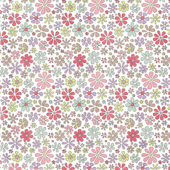 Cute colorful seamless floral pattern with hand-drawn flowers on white background. Playful pastel design ideal for kids products, fabrics and stationery.