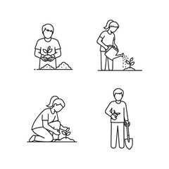Vector illustrations of people planting and gardening with various actions