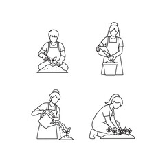 Vector illustrations of people gardening with line art style