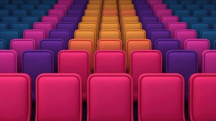 Obraz premium A vibrant arrangement of colorful chairs in a theater, showcasing shades of pink, purple, orange, and blue in a symmetrical pattern.