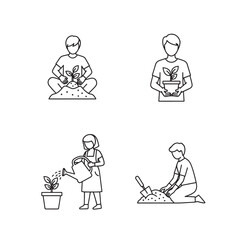 Vector illustrations of people gardening and nurturing plants in various poses isolated on transparent background