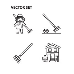 Vector set of gardener character and rakes with house, isolated on transparent background