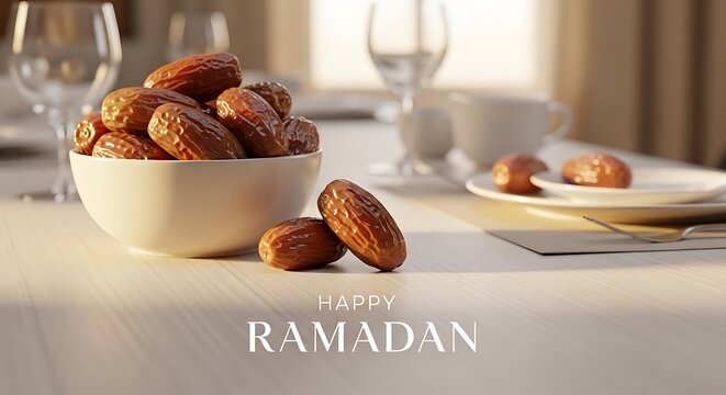 Dates in a bowl on a table with happy ramadan greeting on a serene dining setup