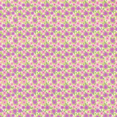 Seamless floral pattern with pink and purple flowers and green leaves. Soft vintage background perfect for fabrics, wallpapers, scrapbooking and spring designs.
