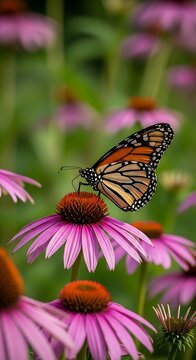 Orange and black winged insect rests upon vibrant purple cone shaped flower blooms